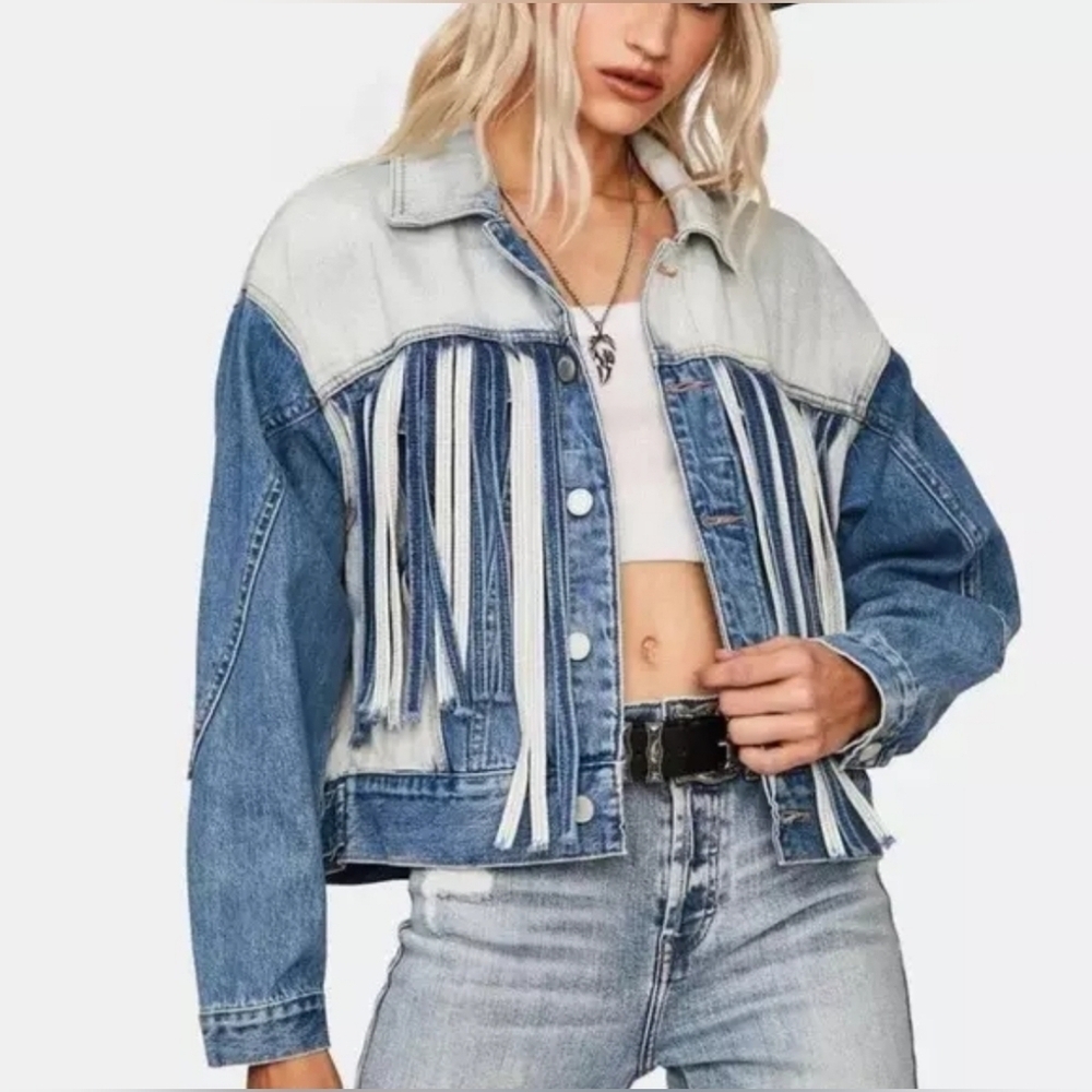 BLANKNYC Bonnaroo Blue Denim Two Tone Fringe Western Jean‎ Jacket Size M